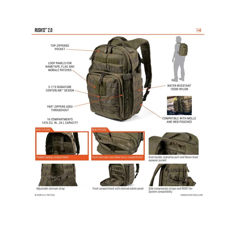 Sac à Dos 5.11 RUSH 12 COYOTE Kangaroo- 2.0 - Image 7